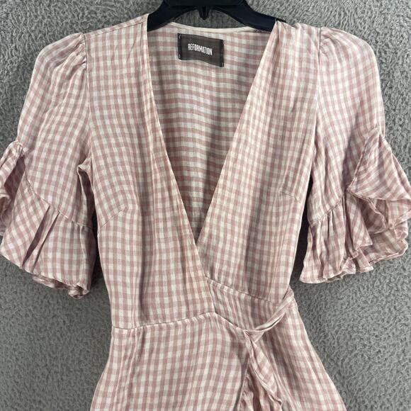 Reformation Dress Womens Small Pink Gingham Linen Wrap Ruffle Mini USA - Picture 10 of 15